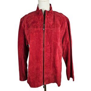Chicos Red Suede Leather Jacket Size 2 Large Double Zip Flaw Work Jacket Lined